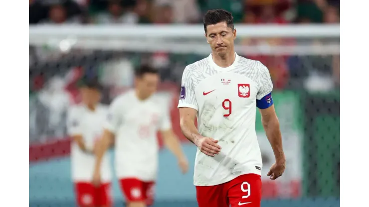 DOHA, QATAR – NOVEMBER 22: Robert Lewandowski of Poland reacts after their penalty was saved by Guillermo Ochoa of Mexico (not pictured) during the FIFA World Cup Qatar 2022 Group C match between Mexico and Poland at Stadium 974 on November 22, 2022 in Doha, Qatar. (Photo by Alex Grimm/Getty Images)
