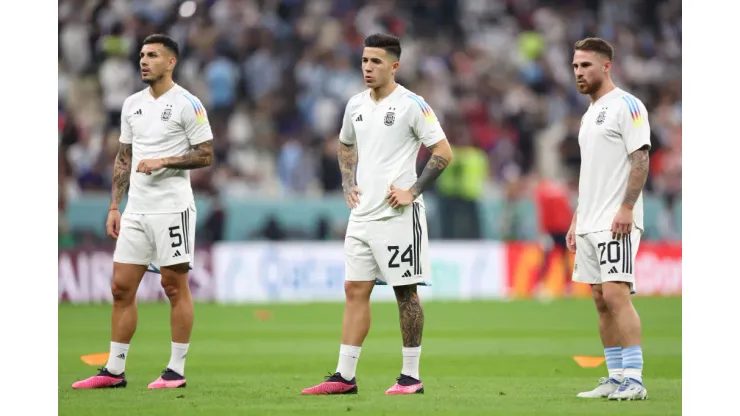 LUSAIL CITY, QATAR – DECEMBER 13: Leandro Paredes, Enzo Fernandez and Alexis Mac Allister of Argentina warm up prior to the FIFA World Cup Qatar 2022 semi final match between Argentina and Croatia at Lusail Stadium on December 13, 2022 in Lusail City, Qatar. (Photo by Clive Brunskill/Getty Images)
