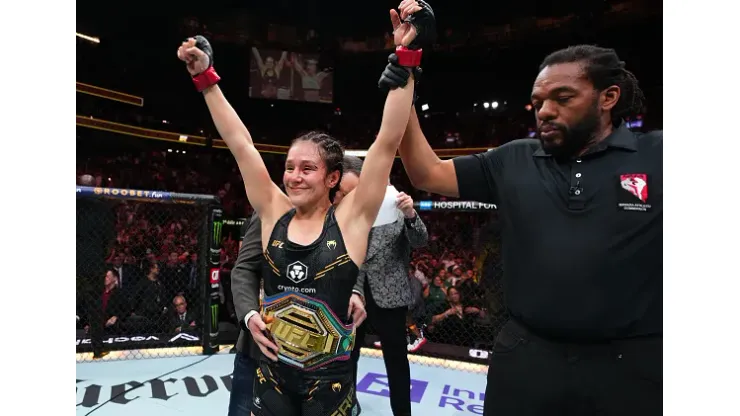 LAS VEGAS, NEVADA – SEPTEMBER 16: Alexa Grasso of Mexico reacts after retaining her title with a draw against Valentina Shevchenko of Kyrgyzstan in the UFC flyweight championship fight during the Noche UFC event at T-Mobile Arena on September 16, 2023 in Las Vegas, Nevada. (Photo by Chris Unger/Zuffa LLC via Getty Images)
